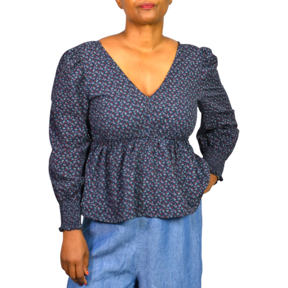 Madewell Tie Back Peplum Top Blue Daisies Floral Ditsy Micro Print Blouse Small - Picture 15 of 16